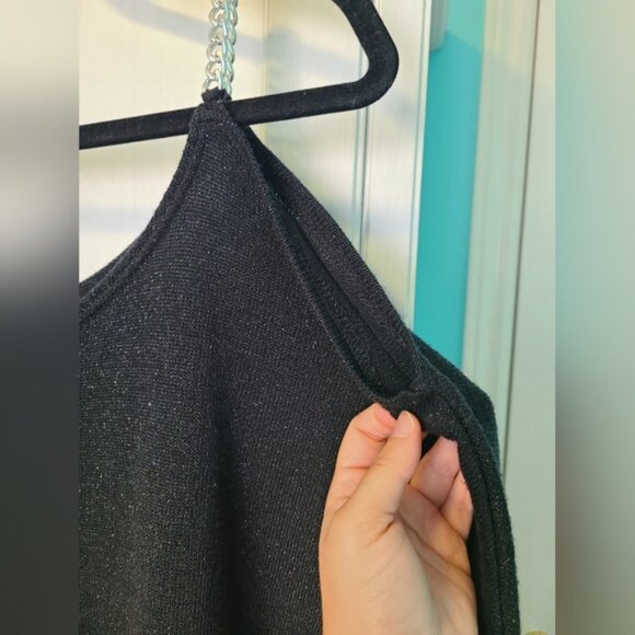 Festive Holiday Party Black Glitter Knit Cold Shoulder Silver Chain Strap Top - Picture 9 of 11